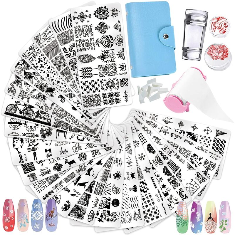 Photo 1 of 33Pcs Nail Stamper Kit with 20Pcs Nail Art Stamping Template Image Plates and 10 Pcs Gradient Nails Soft Sponges 1 Pcs Stamper Scraper Set and Storage Bag Nail Templates and Stamper Remove Oil Tool https://a.co/d/hpVSlJ3