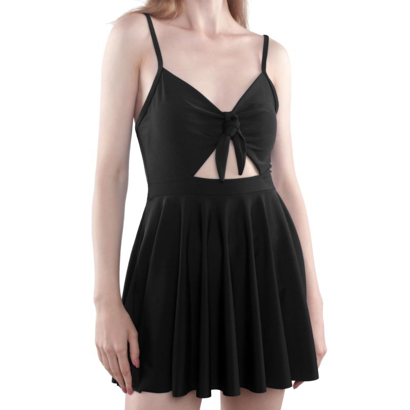 Photo 1 of BALAPET Swim Romper with Built in Bra and Pockets, High Waisted Halter Front Tie Knot Swimdress, X-Large Black