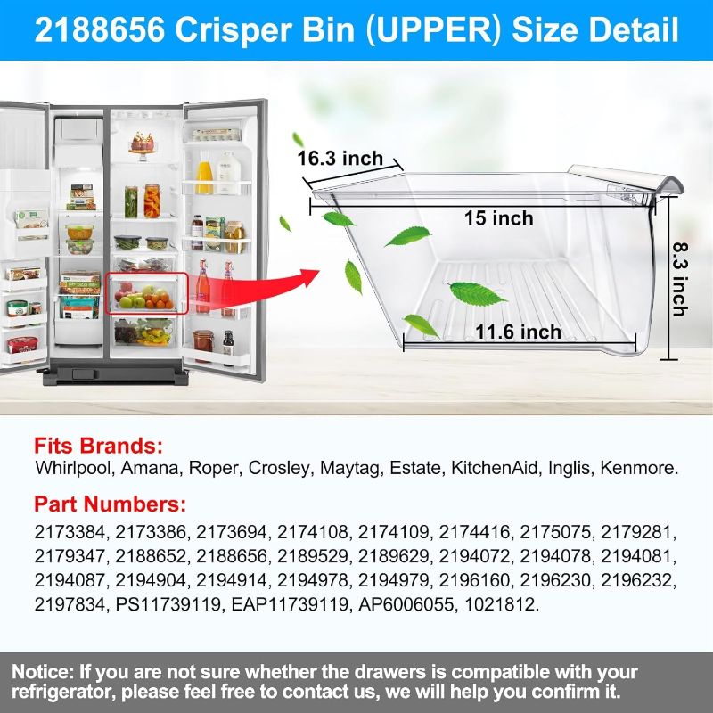 Photo 2 of [2 Pack] Upgraded 2188656 Fridge Crisper Drawer (UPPER) & 2188664 Crisper Bin (LOWER) Replacement for Whirlpool Kenmore Refrigerator Drawers with Humidity Control,WP2188656 for Whirlpool Fridge Drawer 