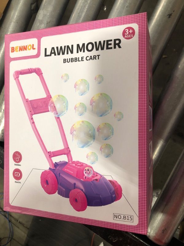 Photo 2 of Bennol Pink and Purple Bubble Lawn Mower for Toddlers, Kids Automatic Bubble Blower Maker Machine, Outdoor Gardening Push Toys, Birthday Gifts for Preschool Baby Girls Boys