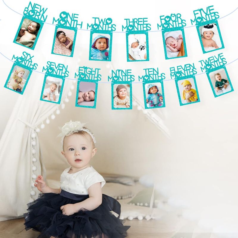 Photo 1 of 1st Birthday Baby Photo Banner for Newborn to 12 Months, Monthly Milestone Photograph Bunting Garland, Monthly Photo Banner for Baby Boys Girls First Birthday Party Celebration Decoration (Blue
