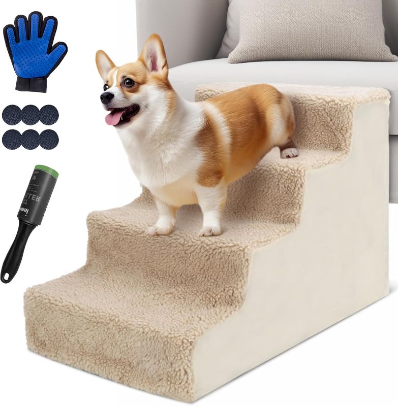 Photo 1 of Almcmy Pet Stairs, Non-Slip 4 Tiers Dog Steps with Washable Fiber Cover, Plastic Dog Stairs for Small Dogs & Cats Climbing Couch, Sofa, Bed - Send 1 Pet Grooming Gloves, 1 Lint Roller
