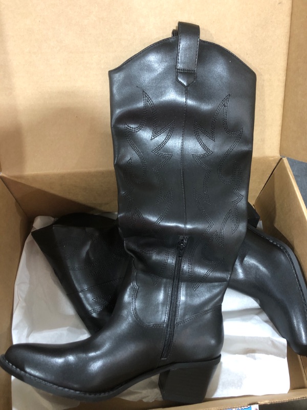 Photo 1 of ZXHYZLZ Cowboy Boots For Women -Wide Calf Knee High Cowgirl Boots Botas Vaqueras Para Mujer Classic Embroidered Slip On Pointed Toe Thick Heel western Tall Boots Great For Country Concerts and Parties 6.5 Black