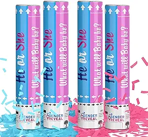 Photo 1 of 4 Pack Gender Reveal Confetti Cannon | 2 Pink & 2 Blue - Compostable Confetti Party Supplies Poppers, Ideal for Baby Boy or Girl Gender Reveal Decoration
