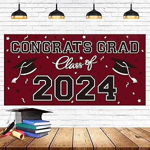 Photo 1 of 2024 Graduation Party Plastic Backdrop - 65" x 32.7" Congrats Grad Banner in Maroon, Large Class of 2024 Decorations, Photography & Grad Party Supplies
