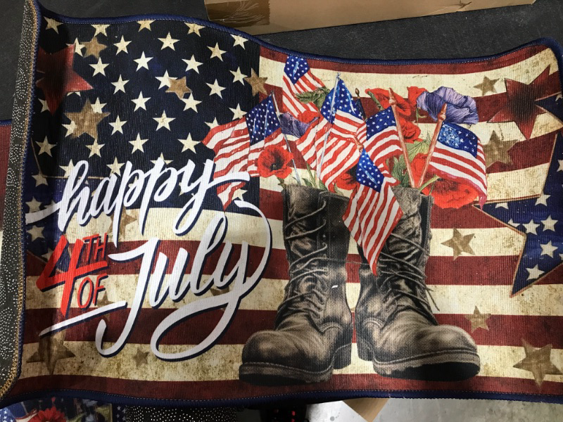 Photo 2 of 2 Pcs 4th of July Kitchen Rugs Patriotic Mats Independence Day Rugs Gnome Memorial Day Red White Blue Doormat American Flag Truck 4th of July Kitchen Decor 17"x47", 17" X29''(SOLDIER)