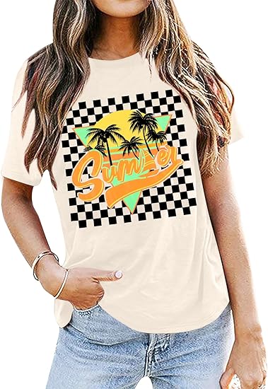 Photo 1 of  BLUE Beach Shirt Women Hawaiian Shirts: Coconut Tree Graphic Tees Plaid Print Tops Summer Vacation Vintage Tshirt M 