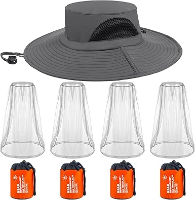 Photo 1 of Casuallined Fishing Hats with mesh Summer Sun Breathable Fishing Hat UV Sun Protection Hat with 4 Pcs Head Mosquito Net Mesh for Outdoor Hiking Gardening Fishing Beach Dark Gray 