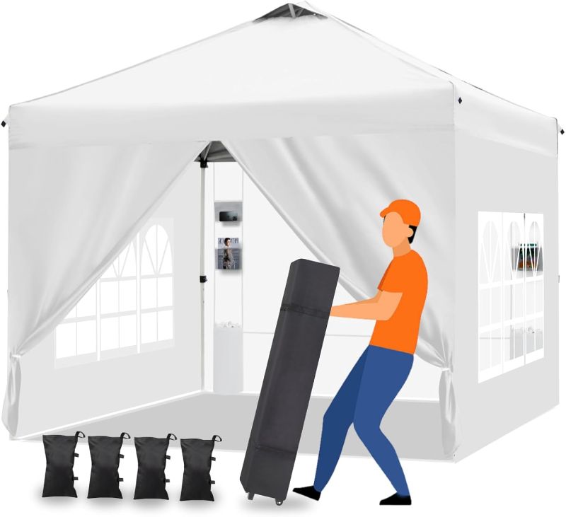 Photo 1 of 10'x10' Pop Up Canopy Tent with 4 Sidewalls and 6 Pockets, Ez Pop Up Outdoor Commercial Canopy with Top Vent, 3-Height Adjustable, Roller Bag, 4 Sand Bags, 4 Ropes and 8 Stakes,White
