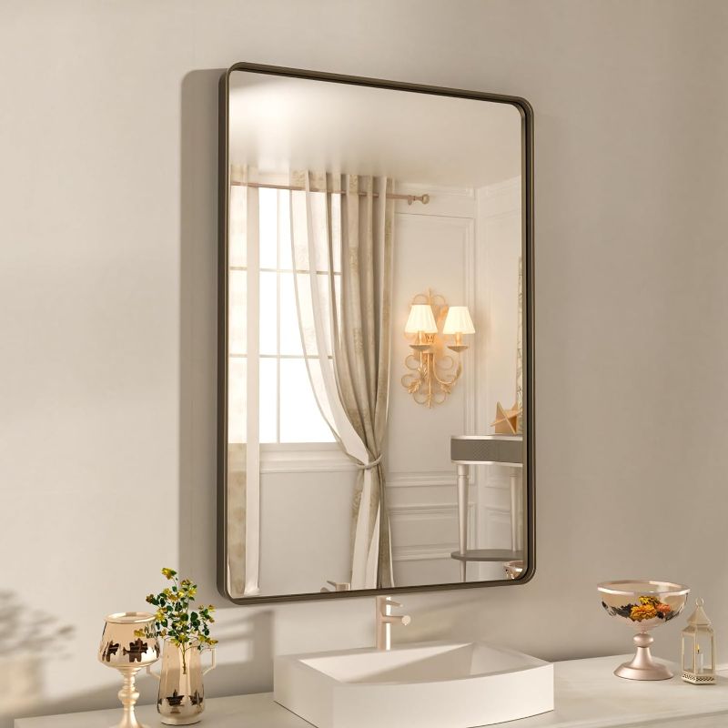 Photo 1 of 24x32 Inch Bronze Bathroom Mirror for Vanity, Brushed Bronze Metal Frame Mirror for Wall