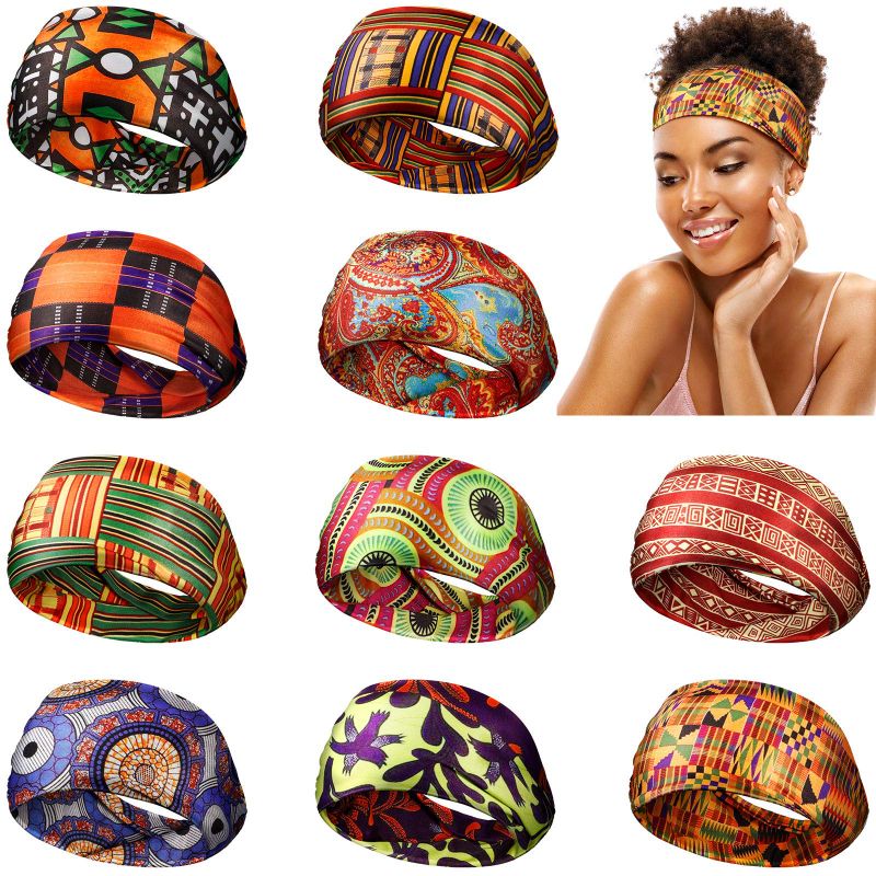 Photo 1 of 10 Pieces African Headband Boho Print Turban Wide Elastic Yoga Sports Workout Hairband 