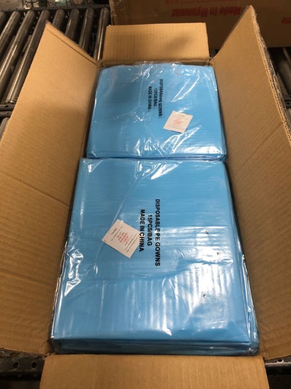Photo 1 of (150 pc // 10 Pack) Aprons Blue Non Surgical Level 1 Thumb Loop Medical Gown Polyethylene ~15 Pcs/bag, One Size