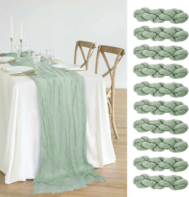 Photo 1 of 10PCS Sage Green Cheesecloth Table Runner 10ft Gauze Cheese Cloth Table Runner Wedding Table Runner Boho Rustic Sheer Table Runner for Arch Banquets Bridal Baby Shower Birthday Party Decorations