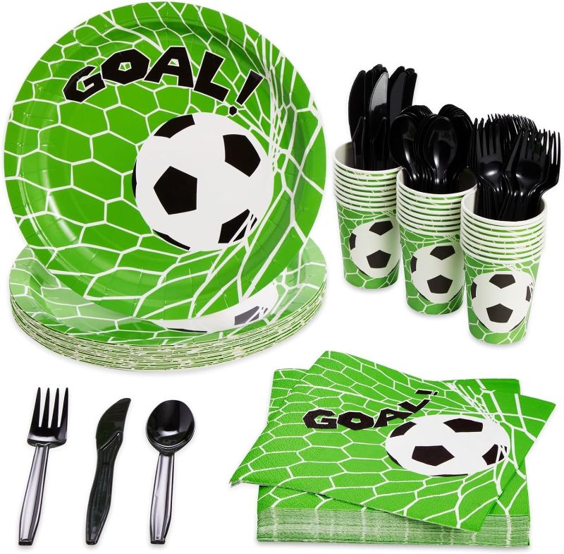 Photo 1 of 144-Piece Soccer Themed Birthday Party Supplies, Bundle Includes Paper Plates, Napkins, Cups, and Plastic Cutlery for Sports Themed Party Decorations (Serves 24)
