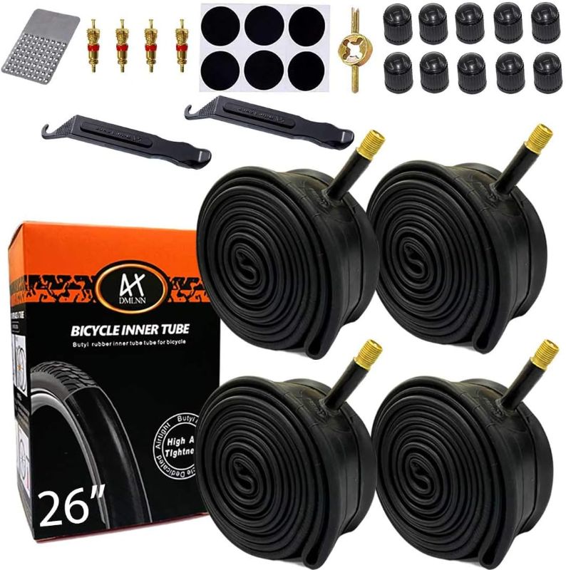 Photo 1 of DMLNN 26 Inch Inner Bike Tubes Plus Tire Repair Tool, Replacement for 26x1.75/1.95/2.10/2.125 Schrader Valve MTB Bike Tire/Schrader Valve BMX Bicycle Inner Tubes (4 Pack)