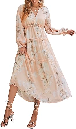 Photo 1 of Amegoya Women's Casual Short Sleeve V Neck Floral Maxi Dresses Boho Beach Photoshoot Flowy Ruffle Long Dress Medium