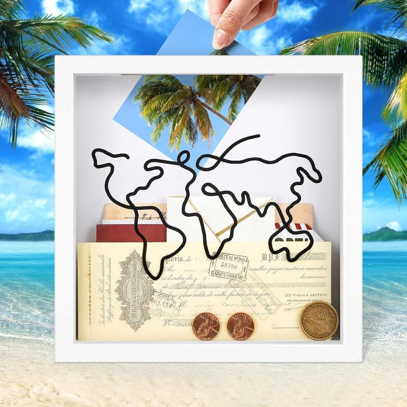 Photo 1 of Adventure Archive Box, Travel Box for Memories 12"x12", Loading Shadow Box Frame with HD Acrylic, Shadow Box with Slot on Top, Ideal for Wine Bottle Caps,Tickets,Shells,Photos, Stamps and More(White) 