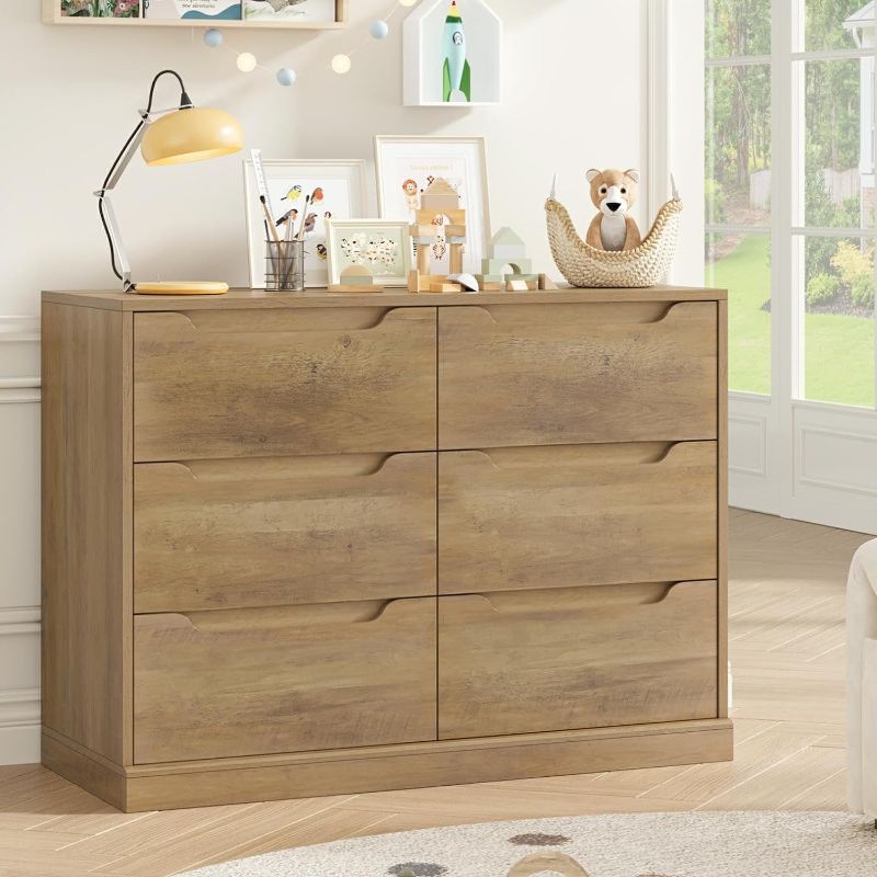 Photo 1 of  Modern 6 Drawer Dresser for Bedroom, Double Chest of Drawers with Storage, Large Wooden Storage Dresser Organizer with Cut-Out Handle, Accent Storage Cabinet for Living Room, Rustic Brow