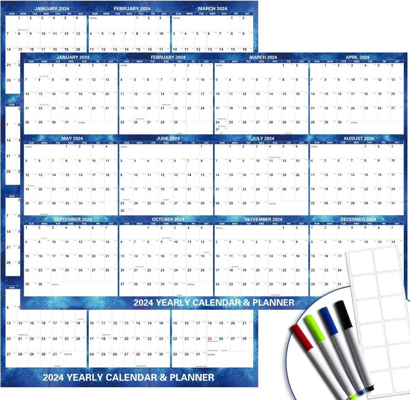 Photo 1 of 32" x 48" 2024 Wall Calendar Dry Erase - Large Blue Starry Sky Calendar Wet & Dry Erasable Laminated 12 Month Annual Yearly Planner, Reversible, Horizontal/Vertical (2024 Wall Calendar)
