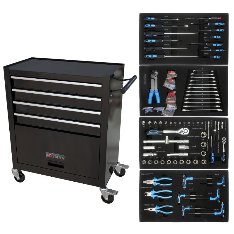 Photo 1 of ARTMAN 4 Drawers Tool Cabinet with Tool Set, Metal Tool Kit, Black
