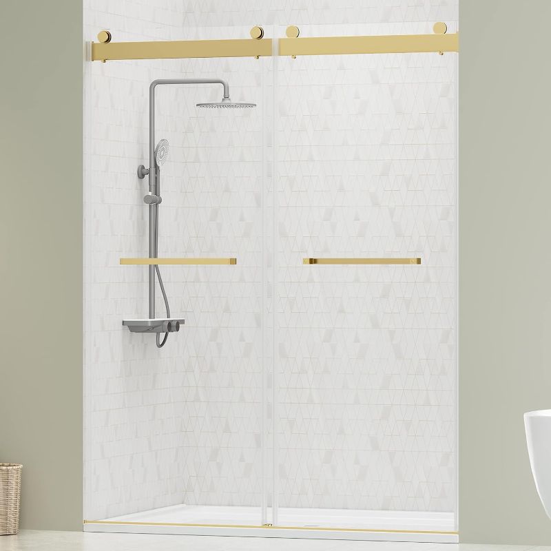 Photo 1 of DELAVIN 56"-60" W x 75" H Frameless Shower Door, Double Sliding Shower Door, Glass Shower Door with 5/16" (8mm) Clear SGCC Tempered Glass, Explosion-Proof Film, Stainless Steel Hardware, Gold