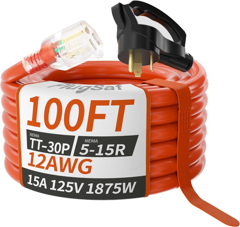 Photo 1 of RV 30 Amp to 110 Adapter Extension Cord 100 FT, NEMA TT-30P to NEMA 5-15R Heavy Duty Outdoor RV Electrical Adapter with Grip Handle, 12AWG 15Amp 125V 1875W, Black-Orange, ETL Listed