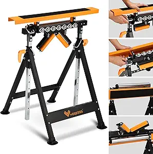 Photo 1 of 4 in 1 Roller Stand, Stable 440 Lbs Load Capacity with Saw Horses, V-Shaped, Multi-Directional Rollers & Outfeed Roller, Adjustable Height 33”- 50”, Folding for Woodworking