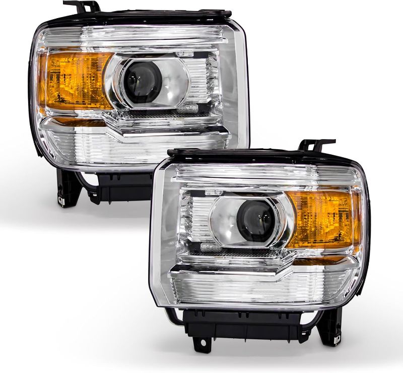 Photo 1 of Headlight Assembly for 2014-2018 GMC Sierra 1500 Base/Denali/SLE/SLT/2015-2019 GMC Sierra 2500HD/3500HD Base/Denali/SLE/SLT Chrome Housing Amber Reflector Replacement Without LED Daytime Running Light
