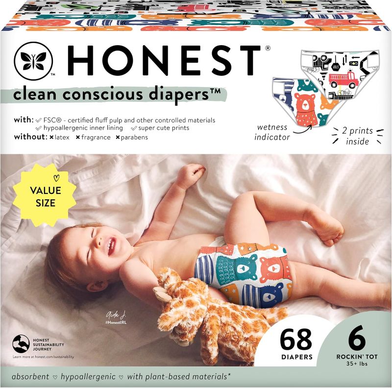 Photo 1 of The Honest Company Clean Conscious Diapers | Plant-Based, Sustainable | Beary Cool + Big Trucks | Super Club Box, Size 6 (35+ lbs), 68 Count
