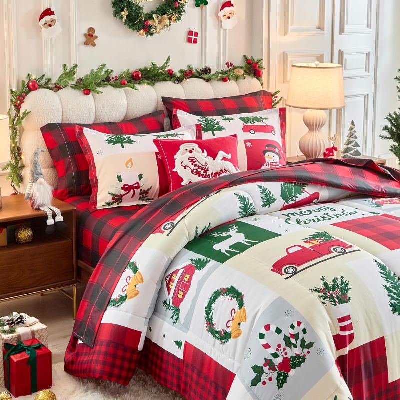 Photo 1 of Christmas 7 Pieces Queen Comforter Sheet Set Patchwork Bed in a Bag Holiday New Year Style Gingham Bedding Set with Comforters, Sheets, Pillowcases & Shams Red Plaid Cars House Deer Snowman Snowflake
