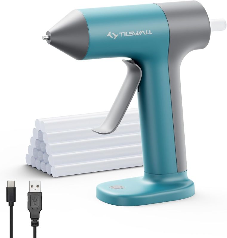 Photo 1 of Tilswall 4V Cordless Hot Glue Gun with Rapid 30s Preheat, Auto Shut-Off, Anti-drip Nozzle, and 20 Premium Glue Sticks, 2000mAh Type-C Rechargeable, Ideal for DIY Crafts, Gift Making - white
