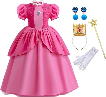 Photo 1 of Miulruma Girls Princess Peach Costume Dress Kids with Wig Accessories Halloween Costumes Super Bros Cosplay Pink Outfits XL