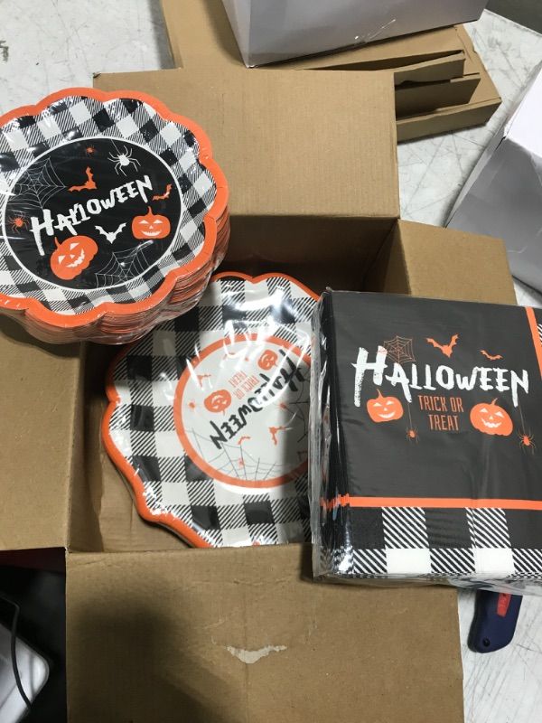 Photo 2 of DYLIVeS Halloween Party Plates and Napkins Set, 150 Pcs Halloween Buffalo Plaid Pumpkin and Bats Tableware Happy Halloween Party Supplies Disposable Dinnerware Holiday Halloween Decorations, Serve 50