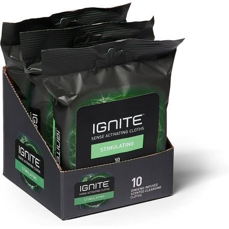 Photo 1 of Ignite Mens Body Wet Wipes Extra Thick Shower Wipes Stimulating Scent 10 Wipes per Pack 30 Total Wipes
