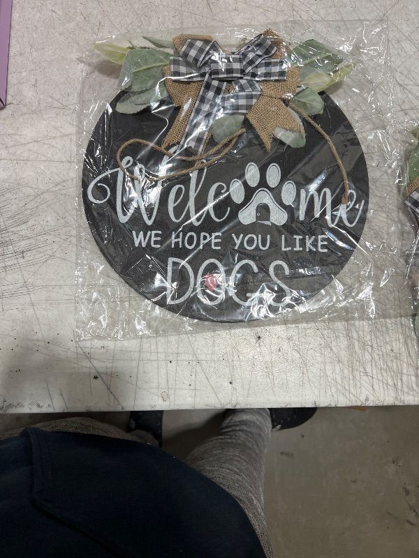 Photo 2 of Welcome We Hope You Like Dogs Sign - 12'' Wreaths for Front Door Decor Dog Lover Dog Decor Welcome Sign for Front Door Wreath Hanger - Front Porch Decor Dog Wreath Greenery Welcome Home Decor Sign