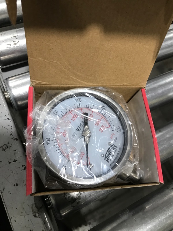 Photo 2 of Winters PFP Series Premium Stainless Steel 304 Dual Scale Liquid Filled Pressure Gauge, 0-300 psi/kpa, 4" Dial Display, +/-1% Accuracy, 1/4" NPT Bottom Mount