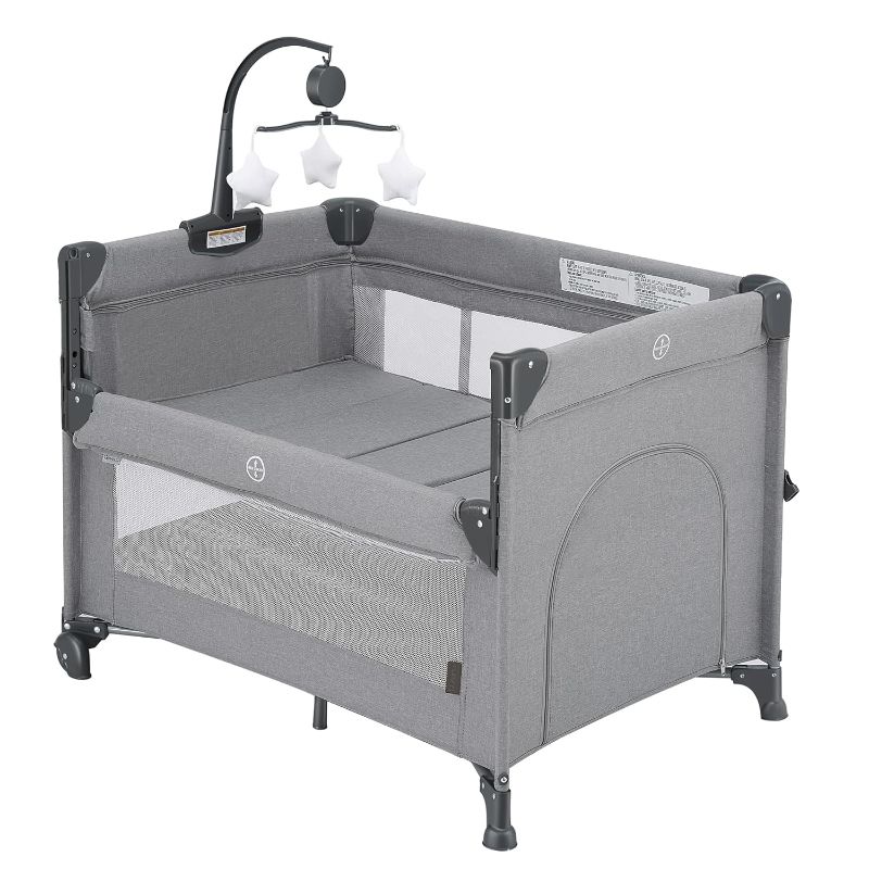 Photo 1 of 2-in-1 Baby Playard, Pack and Play Bassinet, Easy Folding Portable Crib with Music Mobile for Newborn to Toddlers (Grey)
