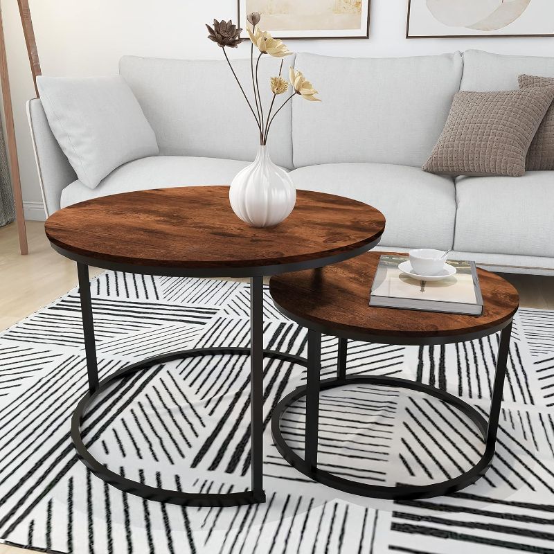 Photo 1 of Round Nesting Coffee Table Modern Nesting Side Set of 2 End Table for Living Room Balcony Garden, etc.,Round Wooden Accent Coffee Table with Solid Powder-Coated Metal Frame, Rustic Brown/Black
