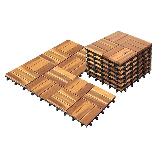 Photo 1 of Pack of 27 Hardwood Deck Tiles, Real Wood Floor Interlocking Tiles, Outdoor, Patio Garden, Poolside Interlocking Natural Solid Wood, Square Seams, Staggered Squares Natural Color. (Cross Deck Tiles)
