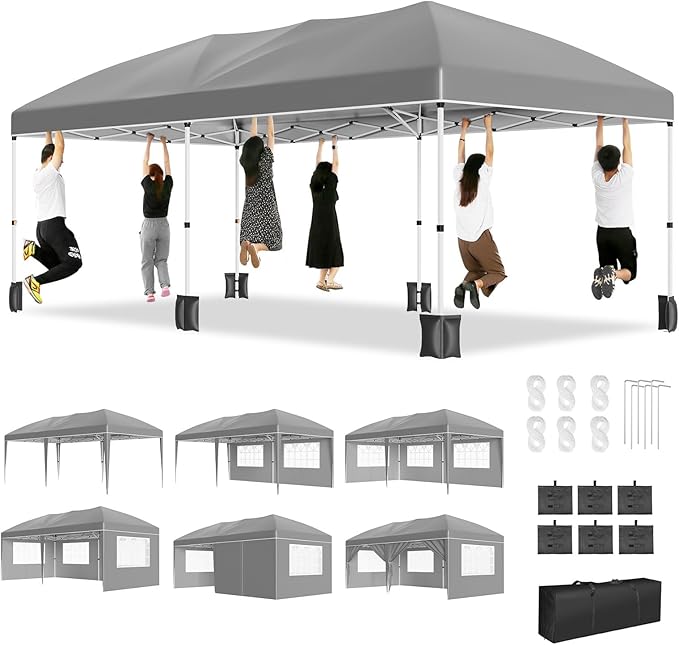 Photo 1 of 10'x20' Party Tent Heavy Duty Pop Up Canopy Tent Commercial Canopy Wedding Tent Event Shelter with 6 Removable Sidewalls and Storage Bag for Patio Backyard Outdoor
