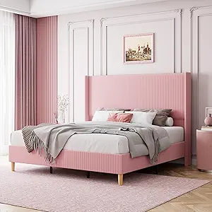 Photo 1 of Queen Size Bed Frame, Upholstered Platform Corduroy Bed Frame with Vertical Channel Tufted Wingback Headboard, Strong Wooden Slats, No Box Spring Needed, Easy Assembly, Pink
