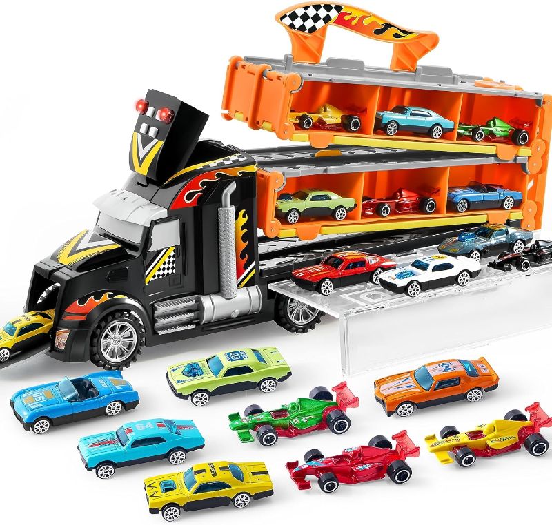 Photo 1 of JOYIN Toy Truck for Kids,5-FT Race Track and 12 Die-Cast Metal Toy Cars, Racing Car with Lights & Sounds, Carrier Truck Toy Gift for 2 3 4 5 Years Old Boys and Girls
