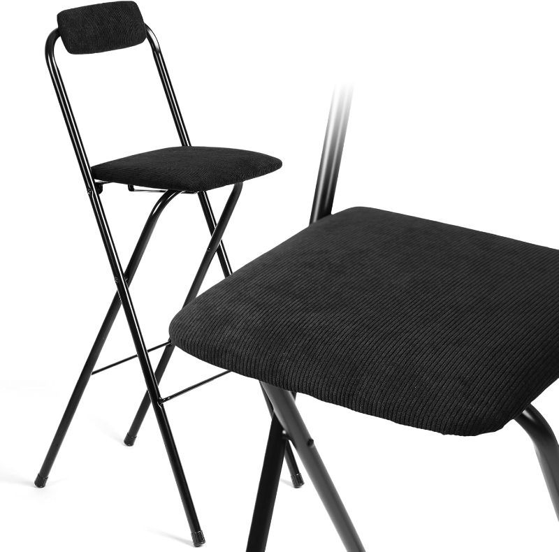 Photo 1 of 1 Pcs Folding Bar Stool with Backrest, 29.5 Inch Corduroy Cushioned Padded Folding Counter Height Stool Tall Chairs Portable Metal Frame Barstools with Backs for Kitchen, Black
