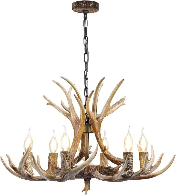 Photo 1 of Rustic Antler Chandelier Lighting, 6 Light Resin Deer Antler Chandelier Vintage Style for Living Room Dining Room Bedroom Retro Deer Horn Cabin Light
