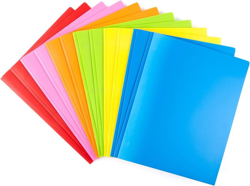 Photo 1 of WOT I Heavy Duty Plastic Folders with Pockets and Prongs - 12 Packs, Extra Thick Pocket Folders with Brads/Card Slot, for Letter Size Sheets, Bright Colors School Work and Home
