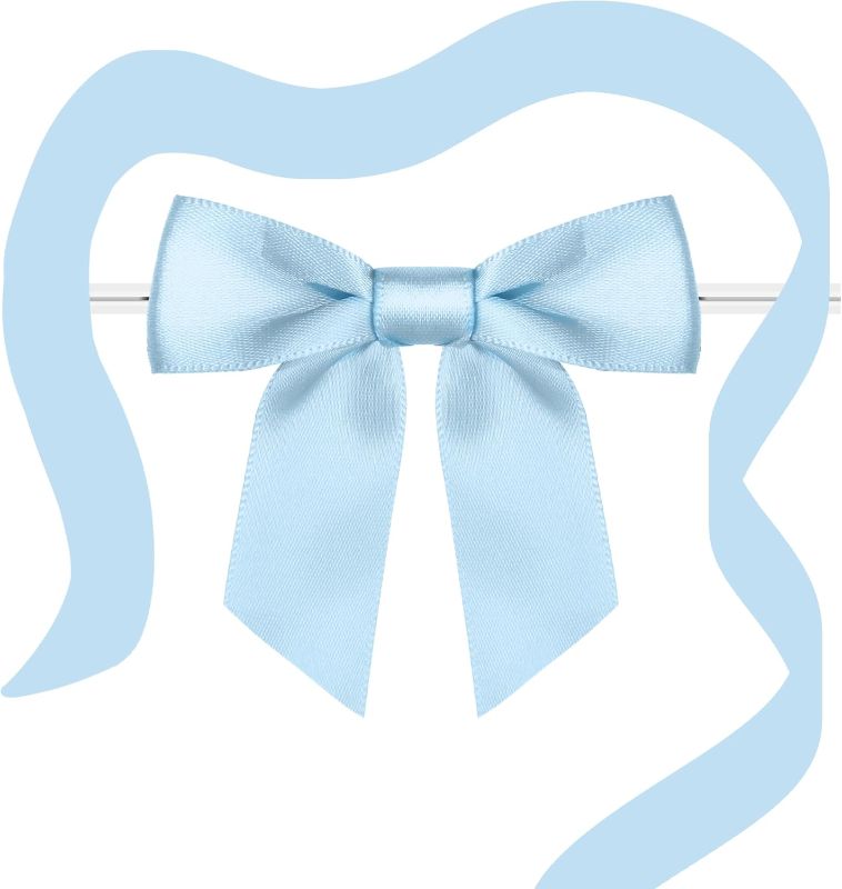 Photo 1 of RainbowPana 120 Pack 3.5" Twist Tie Bows and 10ft Ribbon, Luxury Baby Blue Satin Ribbon Pretied Bows, Premade Craft Decoration for Package Cake Pop Favors Cookie, Gift Wrapping Baby Shower Wedding
