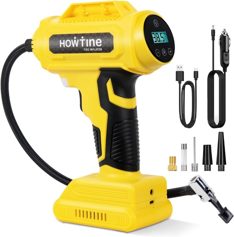 Photo 1 of Howtine Tire Inflator Cordless Air Compressor, Portable 150 PSI Digital Air Pump for Car Tires with 20V Rechargeable Li-ion Battery, 12V Car Power Adapter, Digital Pressure Gauge, Handheld Tire Pump
