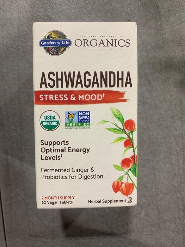 Photo 1 of Garden of Life Organics Ashwagandha Stress, Mood & Energy Support Supplement with Probiotics & Ginger Root for Digestion - Vegan, Gluten Free, Non GMO – 2 Month Supply, 60 Tablets