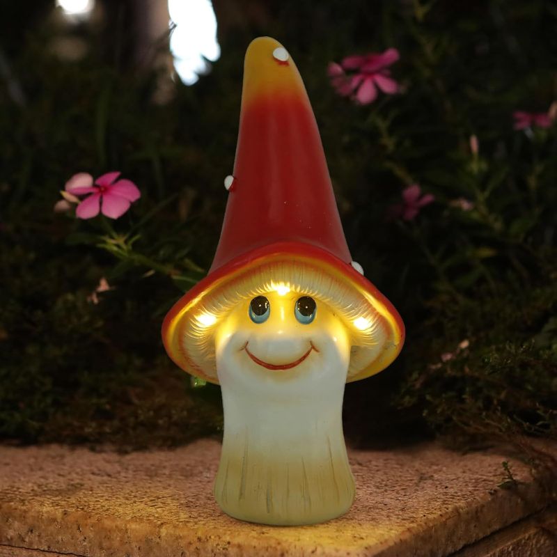 Photo 1 of 13in Mushroom Decor Garden Statues with Solar Light, Outdoor Decor with Mushroom Hat, Mushroom Fairy Light for Yard Ornament, Fall Decor, Halloween Decorations, Gardening Gifts for Women, Mom, Dad
