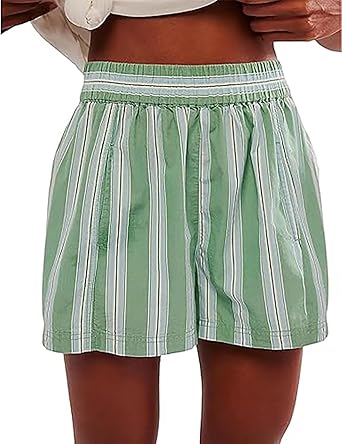 Photo 1 of 100% Cotton Striped Boxer Shorts for Women Summer Vacation Beach Shorts Casual Lounge Shorts with Pockets Large 